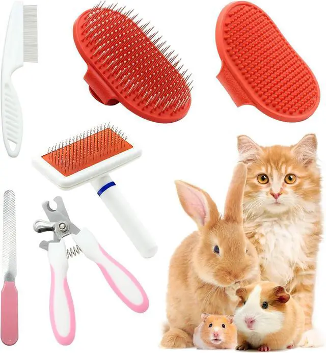 Main image of Cat Grooming Kit Set with Pet Shedding Slicker Brush Nail Clipper Trimmer Pet Massage Bath Glove Flea Comb for Bunny Puppy Kitten Guinea Pig Chinchilla Ferret Small Animals (Red, Pink)