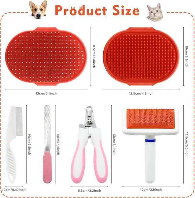 Alt view image 2 of 7 - Cat Grooming Kit Set with Pet Shedding Slicker Brush Nail Clipper Trimmer Pet Massage Bath Glove Flea Comb for Bunny Puppy Kitten Guinea Pig Chinchilla Ferret Small Animals (Red, Pink)