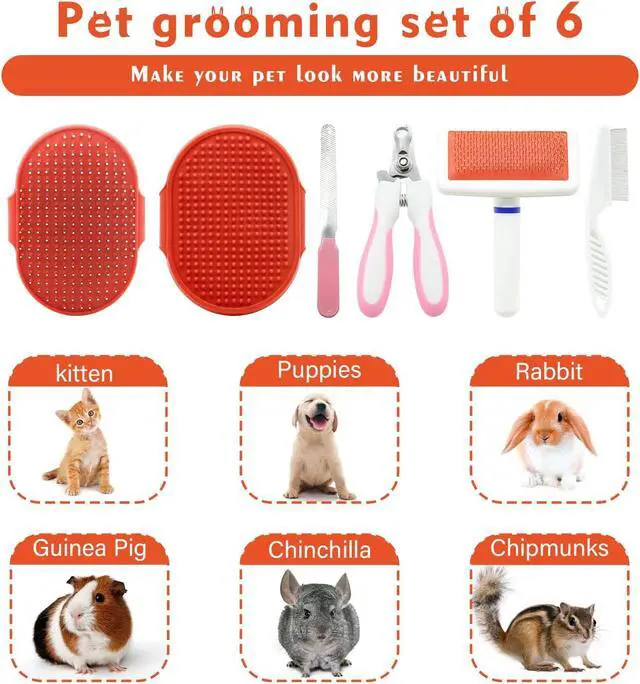 Alt view image 3 of 7 - Cat Grooming Kit Set with Pet Shedding Slicker Brush Nail Clipper Trimmer Pet Massage Bath Glove Flea Comb for Bunny Puppy Kitten Guinea Pig Chinchilla Ferret Small Animals (Red, Pink)
