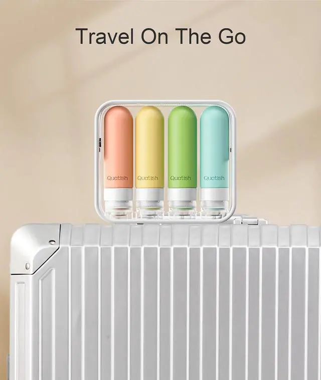 Alt view image 6 of 7 - Quatish Travel Bottles for Toiletries, Original Patented Leak Proof Travel Size Containers, 3 oz Tsa Approved Silicone Shampoo and Conditioner Bottles, 4 Pack, Multi-Color