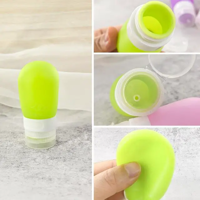 Alt view image 6 of 7 - Mziart Travel Bottles for Toiletries, TSA Approved 2oz Silicone Travel Size Containers, 3 Pack Leak-Proof Squeezable Refillable Shampoo and Conditioner Bottles (Pink, Purple, Green)