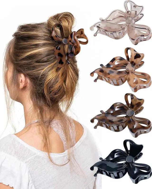 Main image of 4 PCS Bow Hair Clips Bow Claw Clip for Women, Large Hair Claw Clips | for Thin Thick Long Hair Cute Nonslip Bows (Black+Leopard Dark Brown+Leopard Light Brown+Gray)