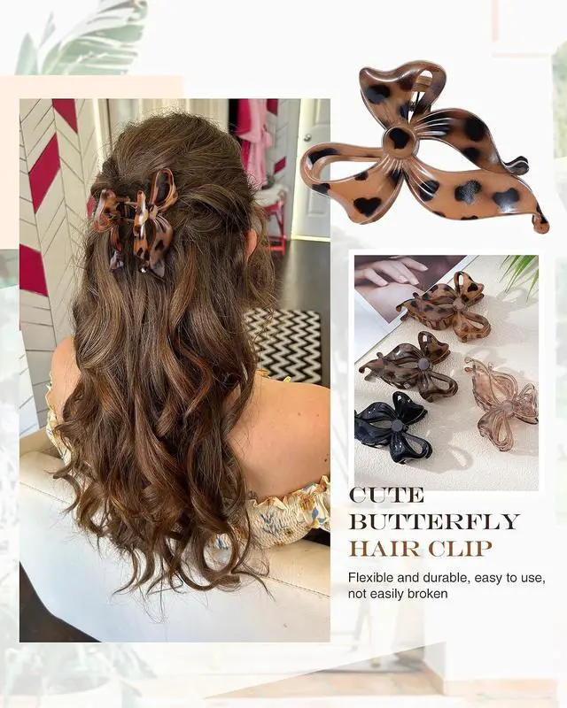 Alt view image 4 of 7 - 4 PCS Bow Hair Clips Bow Claw Clip for Women, Large Hair Claw Clips | for Thin Thick Long Hair Cute Nonslip Bows (Black+Leopard Dark Brown+Leopard Light Brown+Gray)