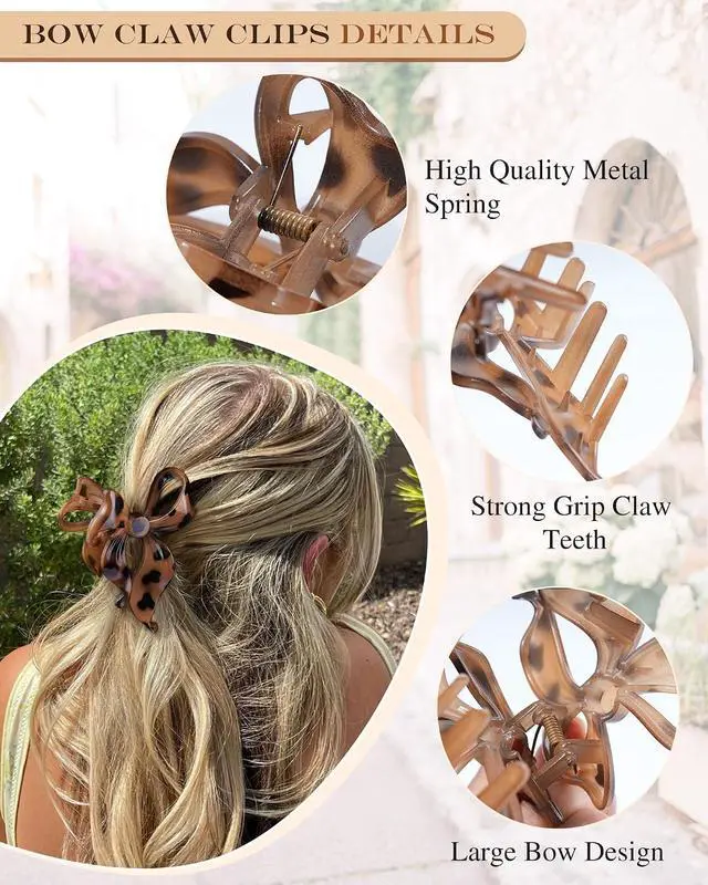 Alt view image 3 of 7 - 4 PCS Bow Hair Clips Bow Claw Clip for Women, Large Hair Claw Clips | for Thin Thick Long Hair Cute Nonslip Bows (Black+Leopard Dark Brown+Leopard Light Brown+Gray)