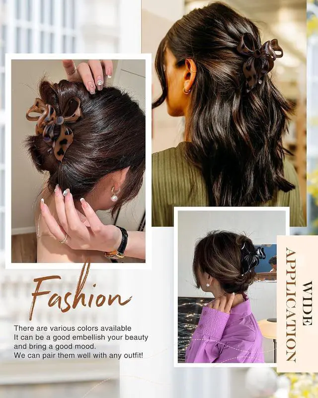 Alt view image 5 of 7 - 4 PCS Bow Hair Clips Bow Claw Clip for Women, Large Hair Claw Clips | for Thin Thick Long Hair Cute Nonslip Bows (Black+Leopard Dark Brown+Leopard Light Brown+Gray)
