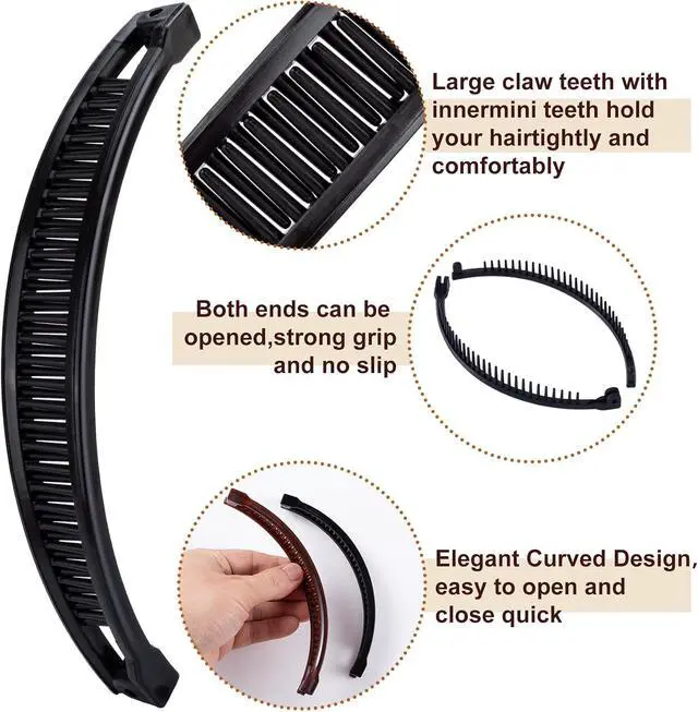 Alt view image 3 of 7 - 2pcs Banana Hair Clips, 6.1x0.87in, Black & Coffee | Plastic, Non-Slip, Large, for Women, Vintage, 90 Style, Double Combs, for Thick Thin Fine Curly Straight Long Hair