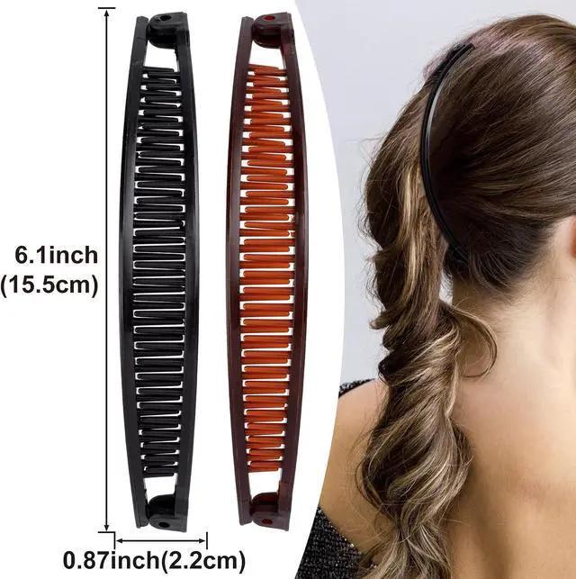 Alt view image 2 of 7 - 2pcs Banana Hair Clips, 6.1x0.87in, Black & Coffee | Plastic, Non-Slip, Large, for Women, Vintage, 90 Style, Double Combs, for Thick Thin Fine Curly Straight Long Hair