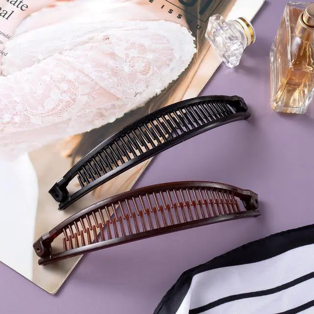 Alt view image 7 of 7 - 2pcs Banana Hair Clips, 6.1x0.87in, Black & Coffee | Plastic, Non-Slip, Large, for Women, Vintage, 90 Style, Double Combs, for Thick Thin Fine Curly Straight Long Hair