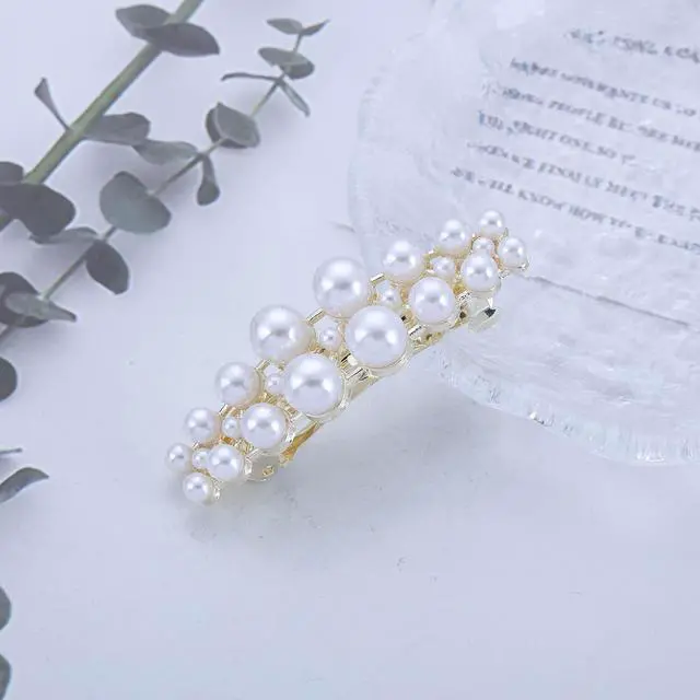 Alt view image 3 of 7 - Vintage Gold Pearl Hairclip Barrette Pearl French Hair Clip Pearls Weddings Hairpin Clip Imitation Pearls Head Clips Decorative Hair Accessories for Women Headdress