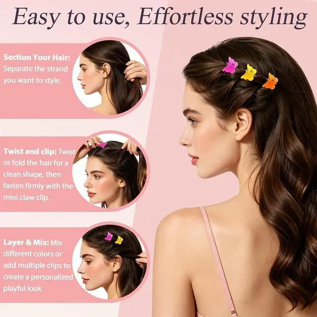 Alt view image 5 of 7 - 60PCS Mini Butterfly Hair Clips, 90s Rainbow Accessories for Women | Lightweight smooth plastic, non-slip grip. Ideal for thin, thick, curly or straight hair. Perfect for daily styling