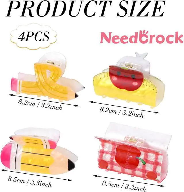 Alt view image 2 of 6 - 4 Pcs Back to School Hair Claw Clips Accessories Teacher Gifts for Women | Pencil Cute Barrettes Hair Accessories First Day Of School Supplies Students Styling Classroom Wear Outfit, Plastic 3.2-3.3In