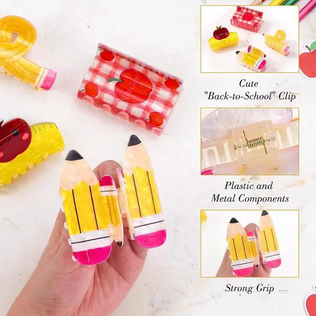 Alt view image 4 of 6 - 4 Pcs Back to School Hair Claw Clips Accessories Teacher Gifts for Women | Pencil Cute Barrettes Hair Accessories First Day Of School Supplies Students Styling Classroom Wear Outfit, Plastic 3.2-3.3In