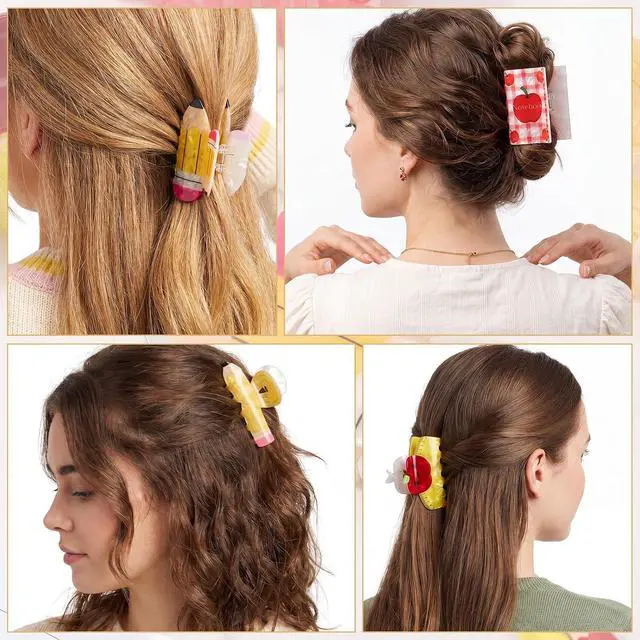 Alt view image 3 of 6 - 4 Pcs Back to School Hair Claw Clips Accessories Teacher Gifts for Women | Pencil Cute Barrettes Hair Accessories First Day Of School Supplies Students Styling Classroom Wear Outfit, Plastic 3.2-3.3In