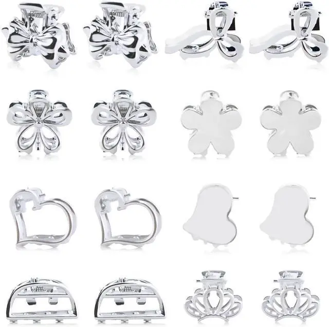 Main image of 16Pcs Mini Metal Hair Claw Clips for Women, Gold Silver Small Bangs Claw Clips for Long Thin Hair, Tiny Cute Flower Barrettes(Silver)
