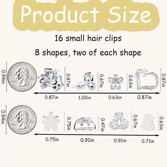 Alt view image 3 of 5 - 16Pcs Mini Metal Hair Claw Clips for Women, Gold Silver Small Bangs Claw Clips for Long Thin Hair, Tiny Cute Flower Barrettes(Silver)