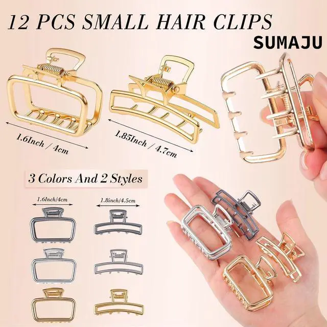 Alt view image 2 of 7 - SUMAJU 12Pcs Metal Small Hair Claw Clips For Women Girls, Gold/Black/Silver | Gold Hair Accessories for Women Girls Thin Short Fine Half-Up Hair, Strong Hold Non-Slip Barrettes Hairpins Gifts