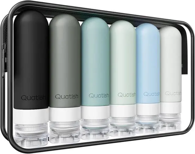 Main image of Quatish Travel Bottles for Toiletries 6 Pack, Original Patented Leakproof 3 oz Tsa Approved Travel Size Containers, BPA Free Silicone Shampoo and Conditioner Bottles, Cruise Camping Essentials, Black