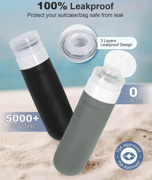 Alt view image 3 of 7 - Quatish Travel Bottles for Toiletries 6 Pack, Original Patented Leakproof 3 oz Tsa Approved Travel Size Containers, BPA Free Silicone Shampoo and Conditioner Bottles, Cruise Camping Essentials, Black