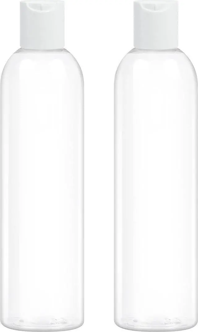 Main image of 2-Pack 8 oz Plastic Shampoo Squeeze Bottles with Disc Caps, Clear | Leak Proof, Refillable, Empty Travel Containers for Handmade Toiletries, Conditioner, Lotions, Liquid Gels, White Tops