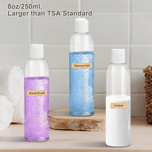 Alt view image 5 of 7 - 2-Pack 8 oz Plastic Shampoo Squeeze Bottles with Disc Caps, Clear | Leak Proof, Refillable, Empty Travel Containers for Handmade Toiletries, Conditioner, Lotions, Liquid Gels, White Tops