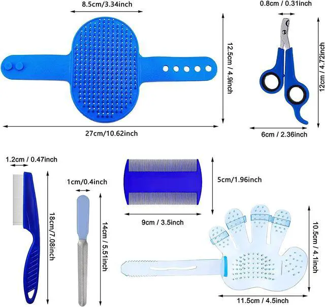Alt view image 2 of 7 - 7-Piece Small Pet Grooming Kit with Brush, Nail Clippers, and Adjustable Strap for Rabbits, Hamsters, Guinea Pigs (Blue)