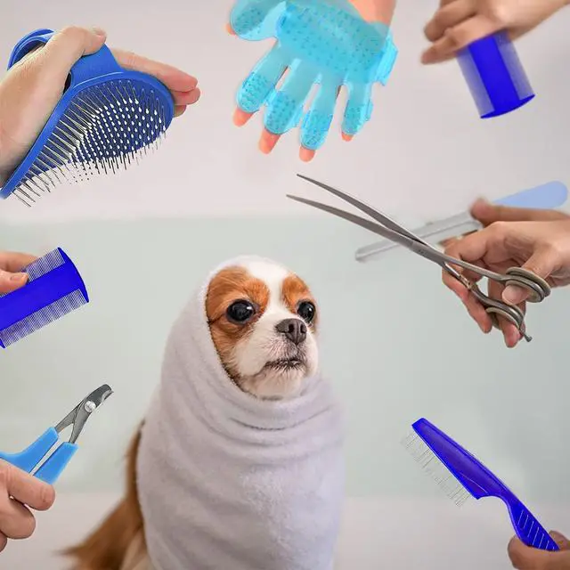 Alt view image 6 of 7 - 7-Piece Small Pet Grooming Kit with Brush, Nail Clippers, and Adjustable Strap for Rabbits, Hamsters, Guinea Pigs (Blue)