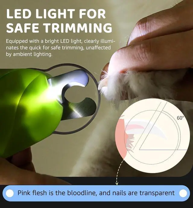 Alt view image 3 of 6 - Pet Nail Clipper with Light for Cats & Small Dogs Puppies, Ultra Bright LED to Illuminate Nail Bloodline to Avoid Over Cutting, Extra-Sharp and Durable Cat Claw Trimmer with Nail File (Green)