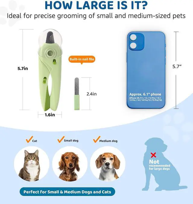 Alt view image 6 of 6 - Pet Nail Clipper with Light for Cats & Small Dogs Puppies, Ultra Bright LED to Illuminate Nail Bloodline to Avoid Over Cutting, Extra-Sharp and Durable Cat Claw Trimmer with Nail File (Green)