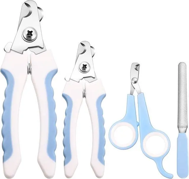 Main image of Mudder 4 Pieces Dog Nail Clippers Kit Dog Cat Pets Nail Clippers and Trimmers with Safety Guard to Avoid Over Cutting for Large Small Animals Pet Grooming (Blue and White)