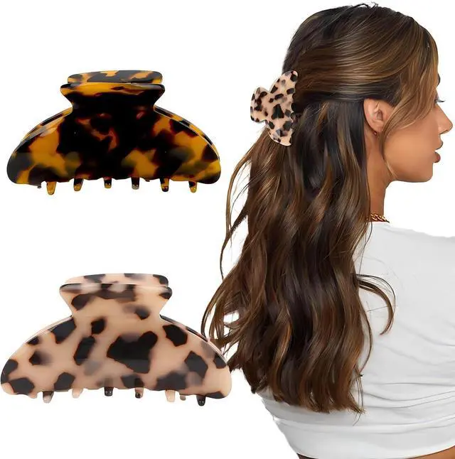 Main image of 2Pcs Hair Claw Clips, Medium Tortoise Jaw Clips for Woman | Strong Hold & Nonslip 3.7 Inch Durable Celluloid Leopard Print Jaw Claw For Thick Thin Fine Medium Updo Half Up Hair