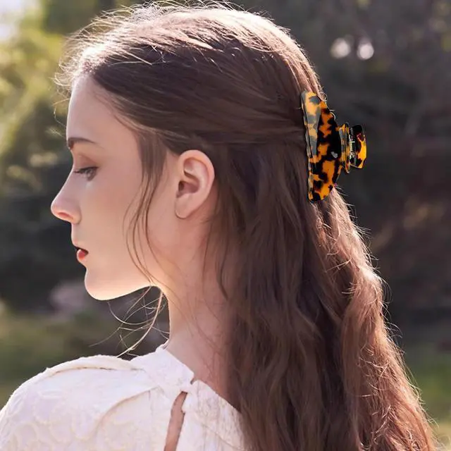 Alt view image 6 of 7 - 2Pcs Hair Claw Clips, Medium Tortoise Jaw Clips for Woman | Strong Hold & Nonslip 3.7 Inch Durable Celluloid Leopard Print Jaw Claw For Thick Thin Fine Medium Updo Half Up Hair