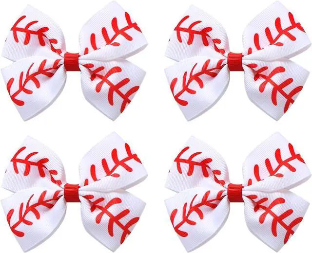 Main image of JiaDuo 4PC Baseball Hair Bow Clips Girls Women 4Inch Cheer Hair Accessories | Classic Red Stitching Baseball Pattern, Premium Grosgrain Ribbon, Baseball Season, Cheering Team