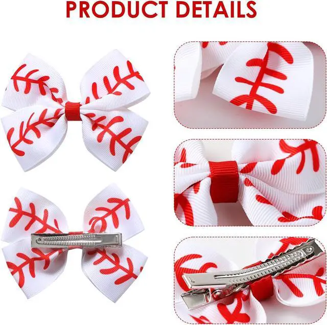 Alt view image 3 of 7 - JiaDuo 4PC Baseball Hair Bow Clips Girls Women 4Inch Cheer Hair Accessories | Classic Red Stitching Baseball Pattern, Premium Grosgrain Ribbon, Baseball Season, Cheering Team
