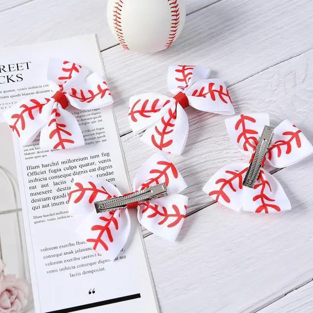Alt view image 4 of 7 - JiaDuo 4PC Baseball Hair Bow Clips Girls Women 4Inch Cheer Hair Accessories | Classic Red Stitching Baseball Pattern, Premium Grosgrain Ribbon, Baseball Season, Cheering Team