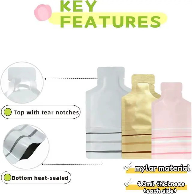 Alt view image 4 of 7 - 100 Pack 1.97x4.3inch White Heat Seal Sample Mylar Packets for Travel | Empty Disposable Bags, for Portable Toiletries, Liquid Shampoo Container, Single Serving Coffee Powder Condiments Storage