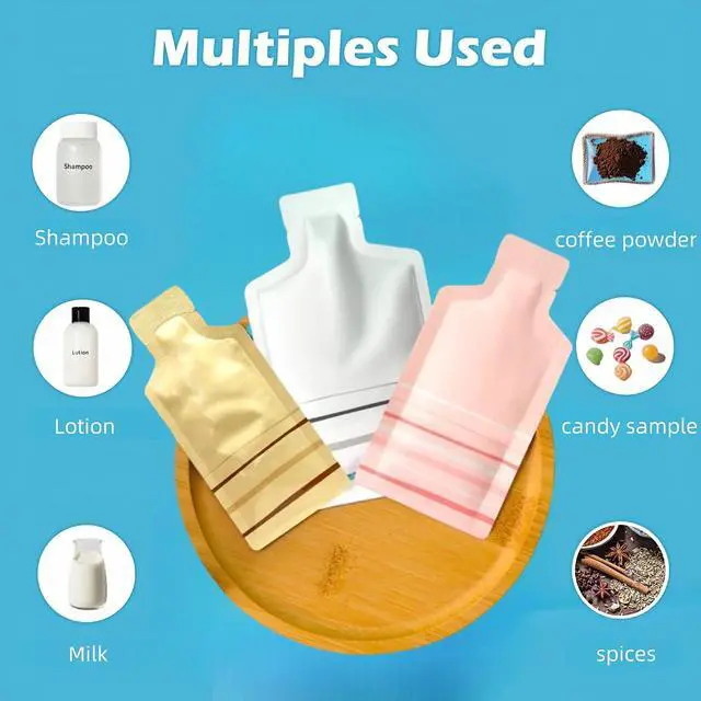 Alt view image 5 of 7 - 100 Pack 1.97x4.3inch White Heat Seal Sample Mylar Packets for Travel | Empty Disposable Bags, for Portable Toiletries, Liquid Shampoo Container, Single Serving Coffee Powder Condiments Storage