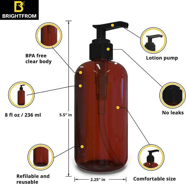 Alt view image 2 of 6 - BRIGHTFROM Plastic Bottles with Pump Dispenser, 8 OZ Empty, BPA Free Refillable Containers for Body Wash, Moisturizer, Face Cream, Liquid Soap - Amber/Black - 2 Pack