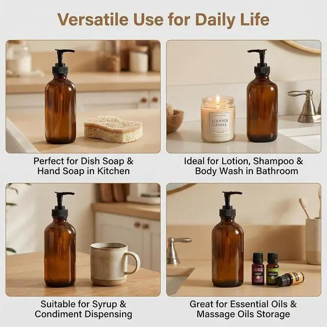 Alt view image 6 of 7 - 250ML 8oz Empty Refillable Amber Glass Bottle Bottle with Black Lotion Pump Lotion Dispenser Round Glass Bottles for Essential Oils Aromatherapy DIY Home Kitchen