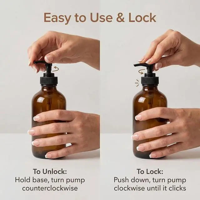 Alt view image 7 of 7 - 250ML 8oz Empty Refillable Amber Glass Bottle Bottle with Black Lotion Pump Lotion Dispenser Round Glass Bottles for Essential Oils Aromatherapy DIY Home Kitchen