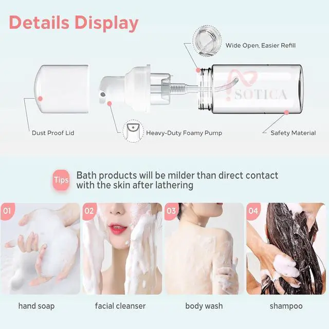 Alt view image 3 of 5 - Foam Pump Bottle 7OZ 2PCS Transparent Empty Foam Dispenser | Plastic Foaming Soap Dispenser for Travel & Home Foaming Spray Bottle for Hand Soap, Shampoo, Lotion & Kitchen Use