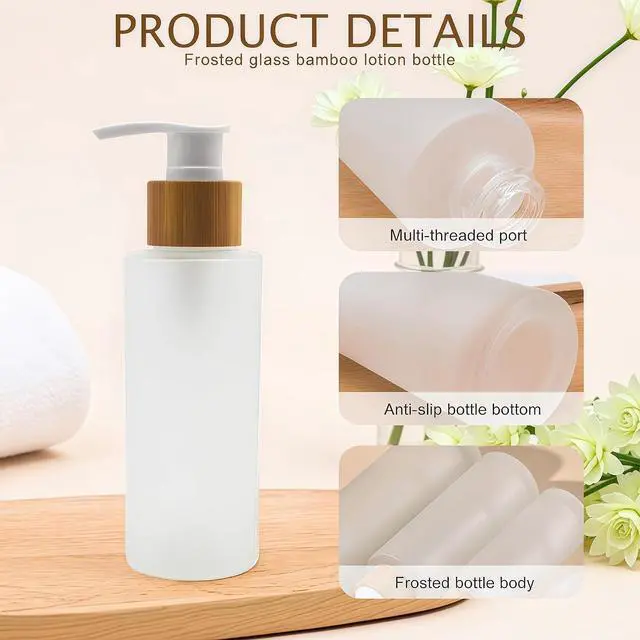 Alt view image 3 of 7 - 150ML/5OZ Empty Refillable Transparent Frosted Glass Lotion Pump Bottle with Bamboo Pump Soap Dispensers Toiletries Storage Containers for Shampoo Essential Oils Shower Gel