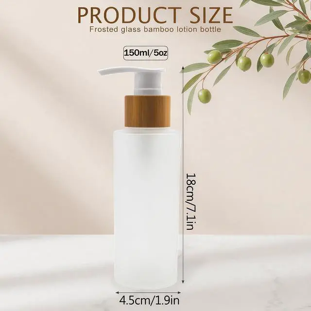 Alt view image 2 of 7 - 150ML/5OZ Empty Refillable Transparent Frosted Glass Lotion Pump Bottle with Bamboo Pump Soap Dispensers Toiletries Storage Containers for Shampoo Essential Oils Shower Gel