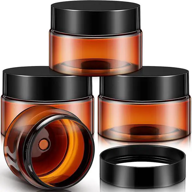 Main image of Patelai 4 Pcs Plastic Jars Wide Mouth with Lids,1 Ounce,Amber | Travel Size for Creams Oils, Clear Round Storage Cosmetics Containers, Leak Proof Screw on Lids for Makeup Beauty DIY