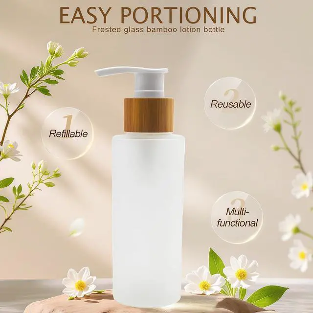 Alt view image 5 of 7 - 150ML/5OZ Empty Refillable Transparent Frosted Glass Lotion Pump Bottle with Bamboo Pump Soap Dispensers Toiletries Storage Containers for Shampoo Essential Oils Shower Gel