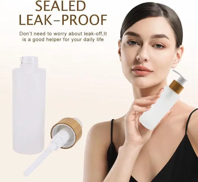 Alt view image 4 of 7 - 150ML/5OZ Empty Refillable Transparent Frosted Glass Lotion Pump Bottle with Bamboo Pump Soap Dispensers Toiletries Storage Containers for Shampoo Essential Oils Shower Gel