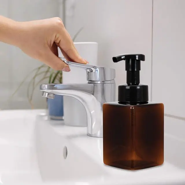 Alt view image 5 of 6 - Ginger Lily Farms Foaming Soap Dispenser, Refillable Plastic Pump Bottles for Liquid Hand Soap, 12 oz. Amber Bottle with Black Pump, 2-Pack