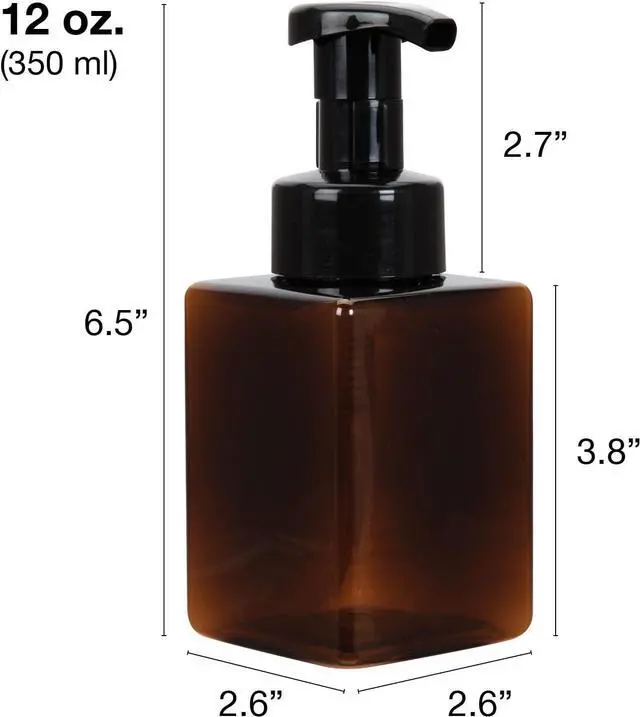 Alt view image 2 of 6 - Ginger Lily Farms Foaming Soap Dispenser, Refillable Plastic Pump Bottles for Liquid Hand Soap, 12 oz. Amber Bottle with Black Pump, 2-Pack