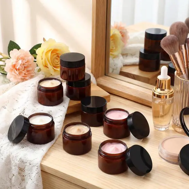Alt view image 7 of 7 - Patelai 4 Pcs Plastic Jars Wide Mouth with Lids,1 Ounce,Amber | Travel Size for Creams Oils, Clear Round Storage Cosmetics Containers, Leak Proof Screw on Lids for Makeup Beauty DIY