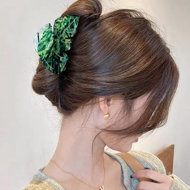 Alt view image 2 of 6 - Hair Claw Clip Green Leaf Shape 3.5 Inch Hair Grip Clip French Design Women Girls Spring Hair Accessories Strong Hold for Thick Thin Hair
