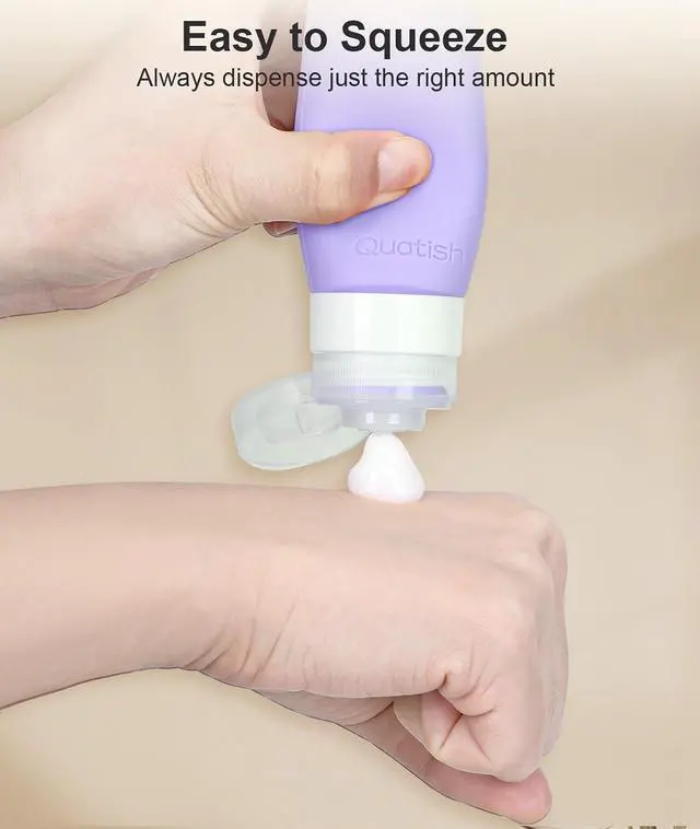 Alt view image 3 of 6 - Quatish Travel Bottles for Toiletries 6 Pack, Original Patented Leakproof 3 oz Tsa Approved Travel Size Containers, BPA Free Silicone Shampoo and Conditioner Bottles, Cruise Camping Essentials, Purple